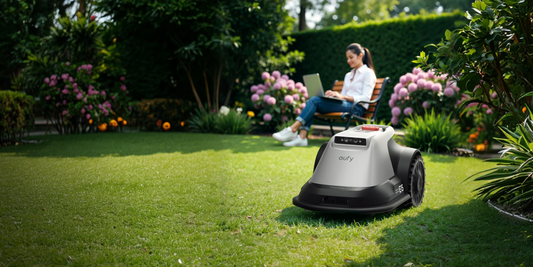 eufy Robot Lawn Mower E18 working automatically on backyard lawn while woman relaxes on garden bench with laptop