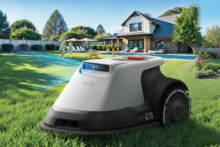 eufy Robot Lawn Mower E15 operating on residential backyard lawn, family enjoying garden near swimming pool and modern farmhouse