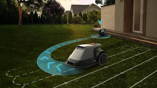 eufy Robot Lawn Mower E15 automatically returning to charging dock, animated blue navigation path on backyard grass