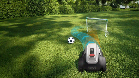 eufy Robot Lawn Mower E15 with AI vision sensor detecting soccer ball and mini goal, automatic obstacle avoidance on backyard lawn