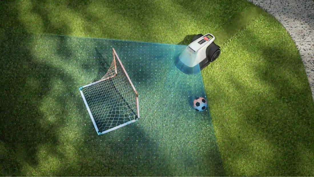 Overhead view of eufy Robot Lawn Mower E15 detecting backyard soccer goal and football, smart obstacle avoidance demo