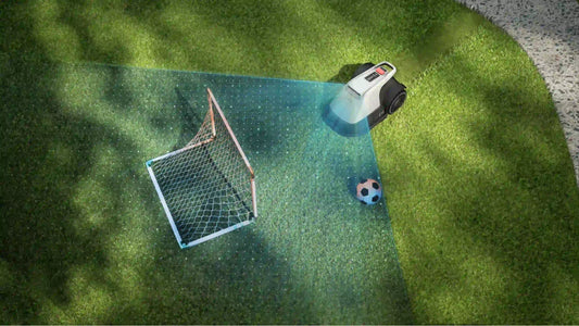 Overhead view of eufy Robot Lawn Mower E15 detecting backyard soccer goal and football, smart obstacle avoidance demo